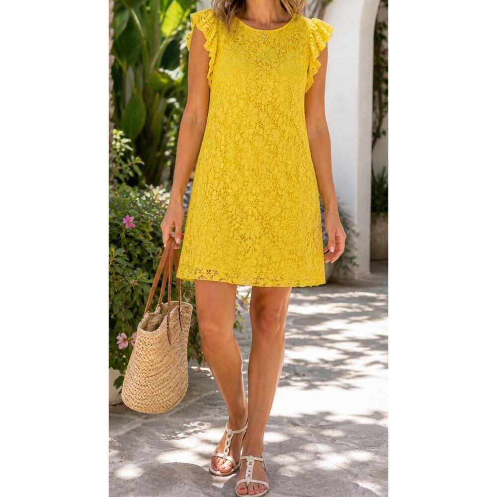 LONDON STYLE COLLECTION Petites 16P Yellow Floral Lace Dress Flutter Shift Party